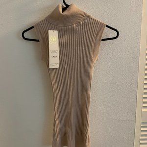 Women Sleeveless High Neck Tan Turtleneck Stretchable Knit Sweater Top